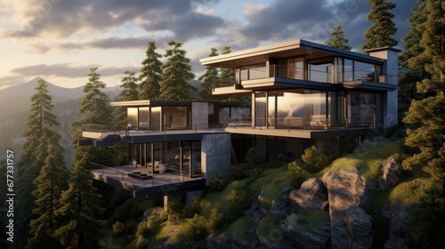  an artist's rendering of a modern house on a cliff overlooking a forested area with trees and mountains in the background.
