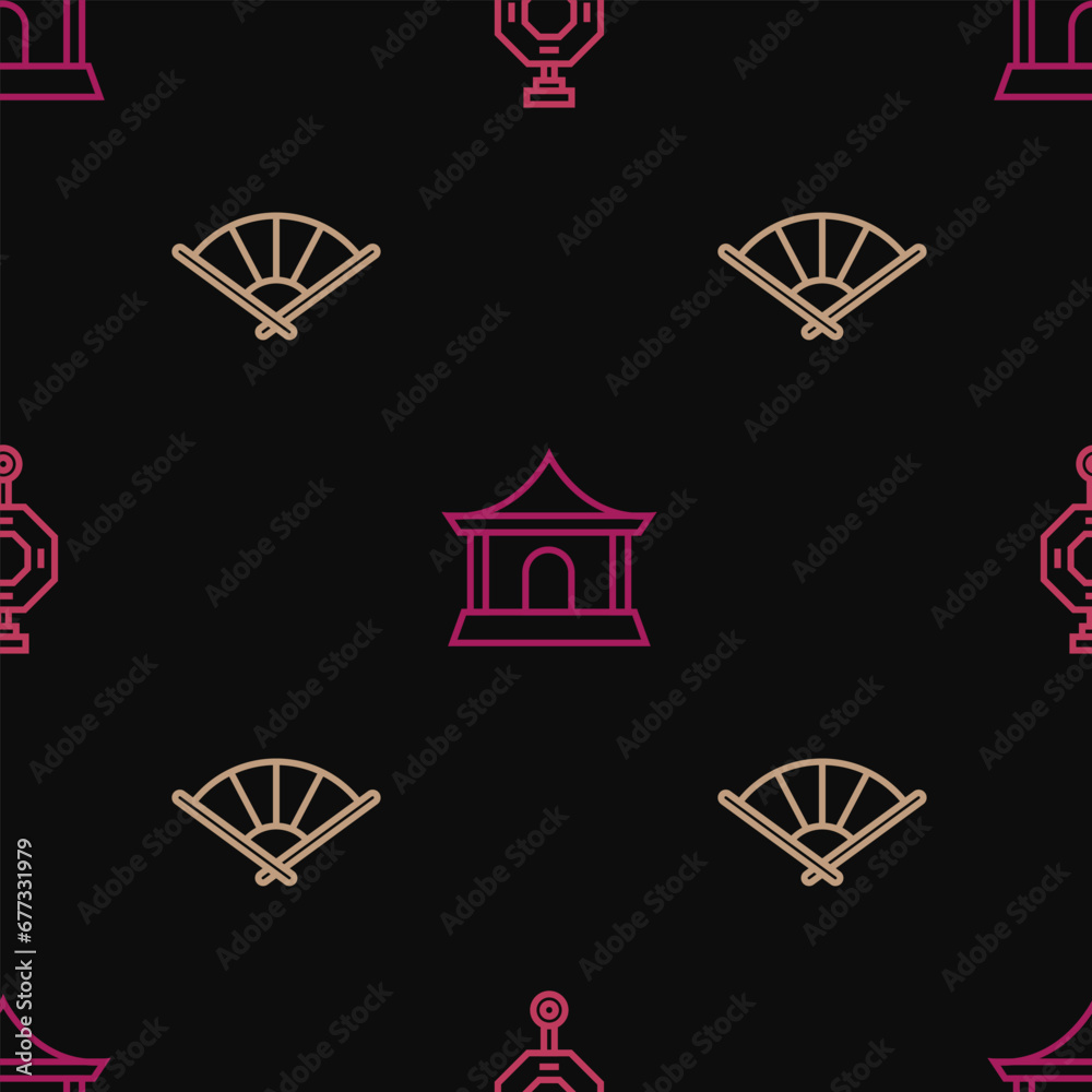 Set line Chinese paper lantern, or japanese folding fan and house on seamless pattern. Vector
