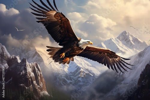 A solitary eagle soaring high against a backdrop of mountains