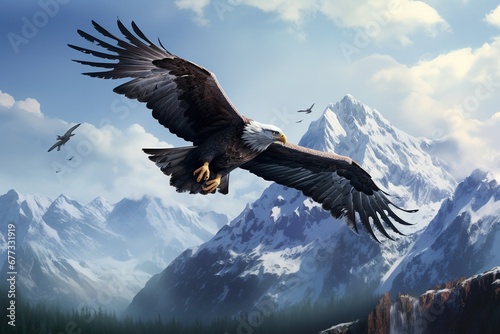 A solitary eagle soaring high against a backdrop of mountains