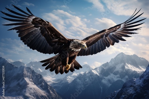 A solitary eagle soaring high against a backdrop of mountains photo
