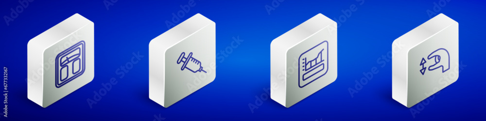 Set Isometric line Bathroom scales, Syringe, Graph, schedule, chart, diagram and Approximate measurements icon. Vector Set Isometric line Bathroom scales, Syringe, Graph, schedule, chart, diagram and Approximate measurements icon. Vector