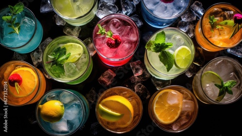  a group of glasses filled with different types of drinks and garnished with limes, strawberries, and mints.