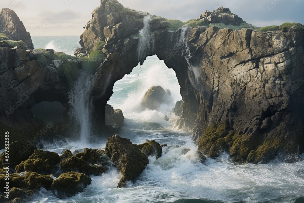 A series of sea arches eroded into a rocky island, waves crashing through them