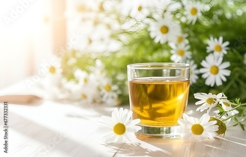 green tea in transparent glass cup with chamomile flowers and herbs on white wooden table for healthy diet card design