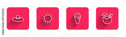 Set line Elegant women hat, Sun, Ice cream in waffle cone and Coconut cocktail with long shadow. Red square button. Vector
