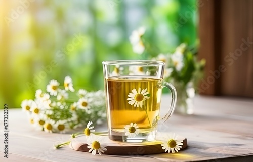 green tea in transparent glass cup with chamomile flowers and herbs on white wooden table for healthy diet card design