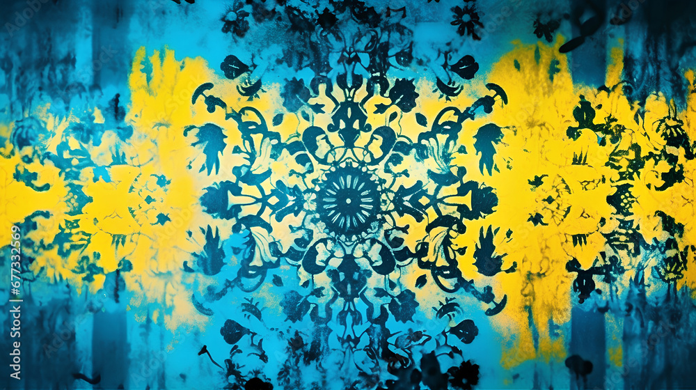 Abstract yellow and blue paint background. Floral stencil texture pattern