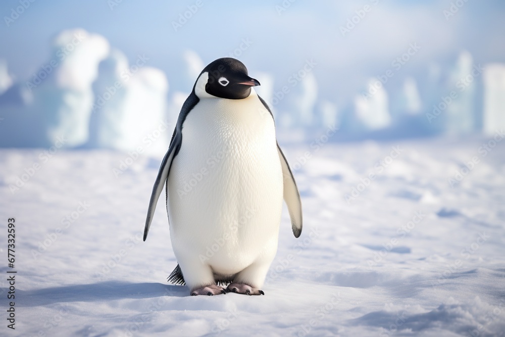 A stoic penguin standing alone amidst a snowy landscape
