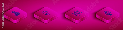 Set Isometric line Unicycle or one wheel bicycle, Cotton candy, Attraction carousel and icon. Vector