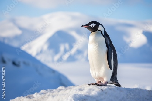 A stoic penguin standing alone amidst a snowy landscape © Dan