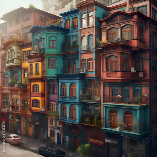 Colorful houses on the street in Istanbul. Turkey. Digital painting