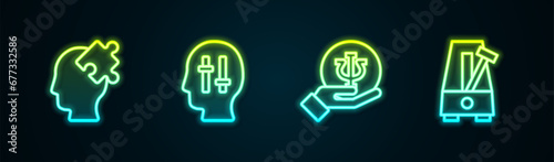 Set line Solution to the problem, , Psychology, Psi and Metronome with pendulum. Glowing neon icon. Vector