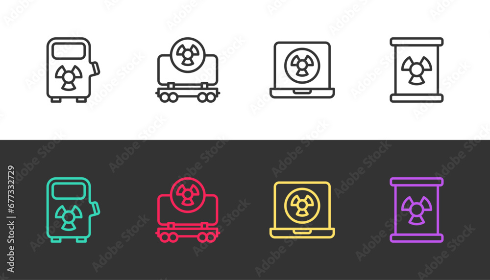 Set line Electric car charging station, Radioactive cargo train, Nuclear laptop and waste barrel on black and white. Vector