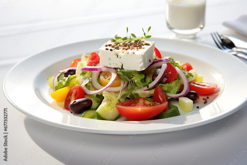 A single serving of Greek salad on a pristine white plate