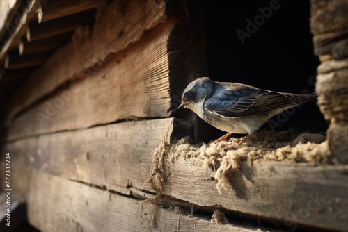 A swift swallow nesting under the eaves of a rustic barn photo