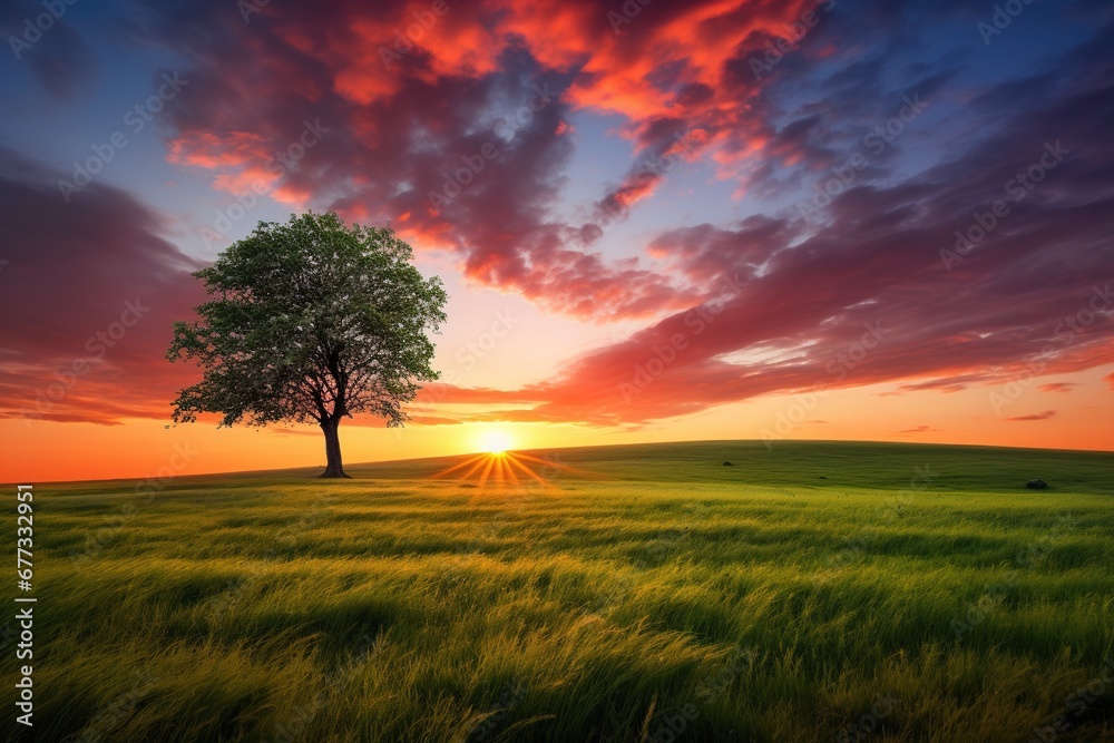 A solitary tree standing in a lush green field under a vibrant sunset sky A solitary tree standing in a lush green field under a vibrant sunset sky