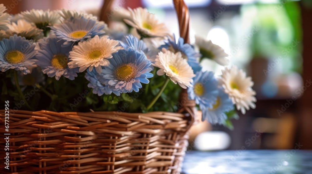 Beautiful flowers in wicker basket on table in cafe, closeup. Springtime  concept with a space for a text. Valentine day concept with a copy space.