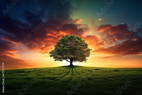 A solitary tree standing in a lush green field under a vibrant sunset sky