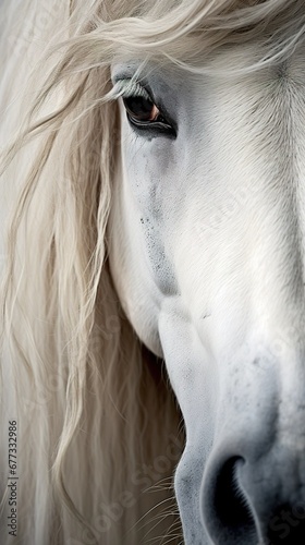 Black and white close-up photography of the half face of a white horse with a long mane, in the style of a large format canvas, minimalist serenity, wildlife. Minimalism