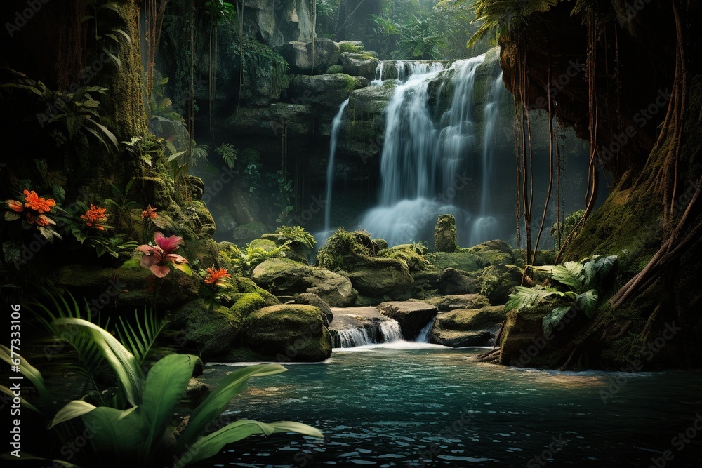 Fototapeta premium A secluded waterfall on a jungle island, hidden among lush ferns and orchids