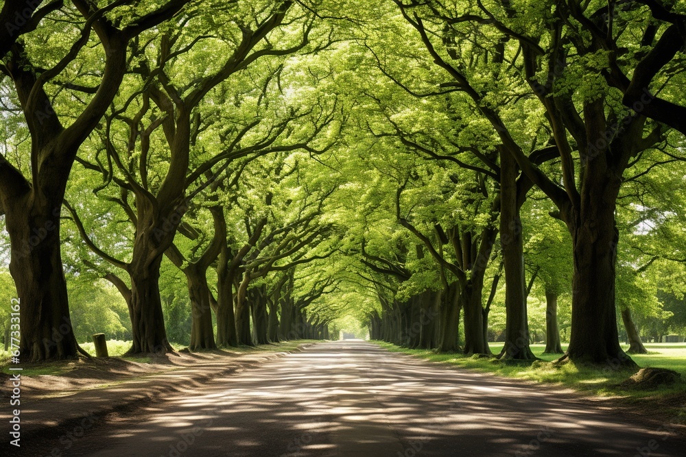 A tree-lined avenue, focus on the budding branches overhead