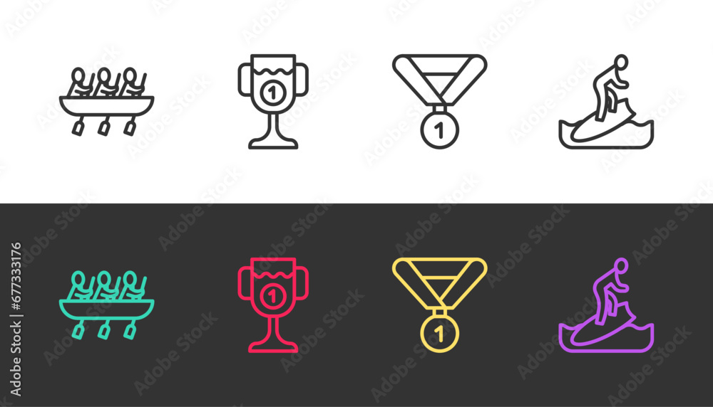 Set line Canoe rowing team sports, Award cup, Medal and Surfboard on black and white. Vector Set line Canoe rowing team sports, Award cup, Medal and Surfboard on black and white. Vector