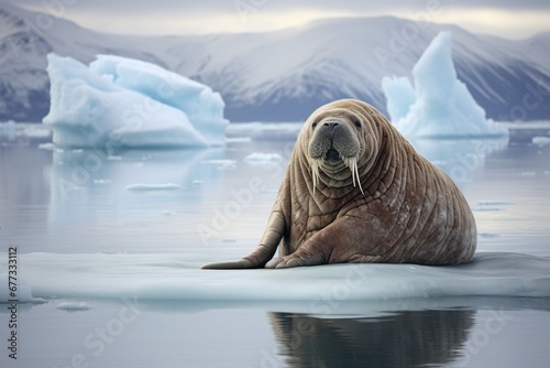A solitary walrus resting on a floating ice sheet