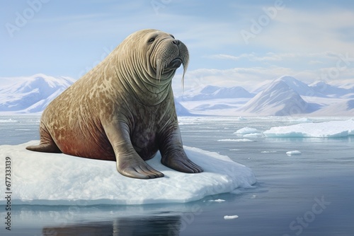 A solitary walrus resting on a floating ice sheet
