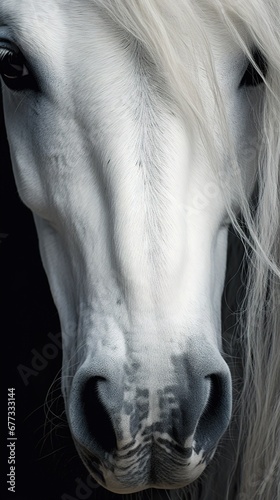 Black and white close-up photography of the half face of a white horse with a long mane  in the style of a large format canvas  minimalist serenity  wildlife. Minimalism