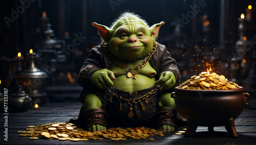 An evil goblin guards a pot full of gold coins. photo