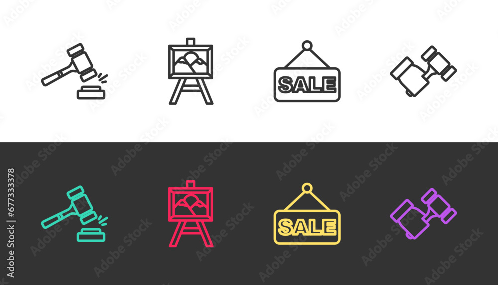 Fototapeta premium Set line Auction hammer, painting, Price tag with Sale and on black and white. Vector
