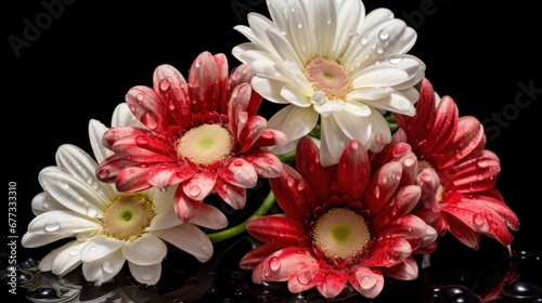 Bouquet of white and red flowers with water drops on black background. Springtime  concept with a space for a text. Valentine day concept with a copy space.