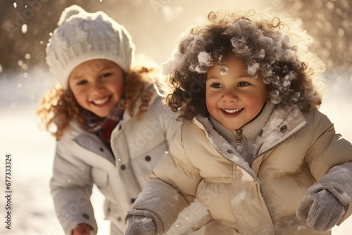 Happy children dressed in warm stylish clothes in winter snowy park. They playing with snow and and laughing
