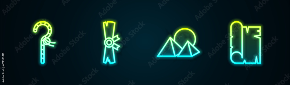 Set line Crook, Papyrus scroll, Egypt pyramids and . Glowing neon icon. Vector Set line Crook, Papyrus scroll, Egypt pyramids and . Glowing neon icon. Vector