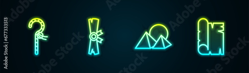 Set line Crook, Papyrus scroll, Egypt pyramids and . Glowing neon icon. Vector