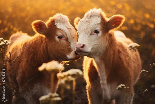 A tender moment between two little cows, noses touching