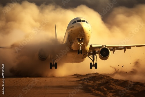 Airplane taking off with a trail of dust and dramatic sky © Dan