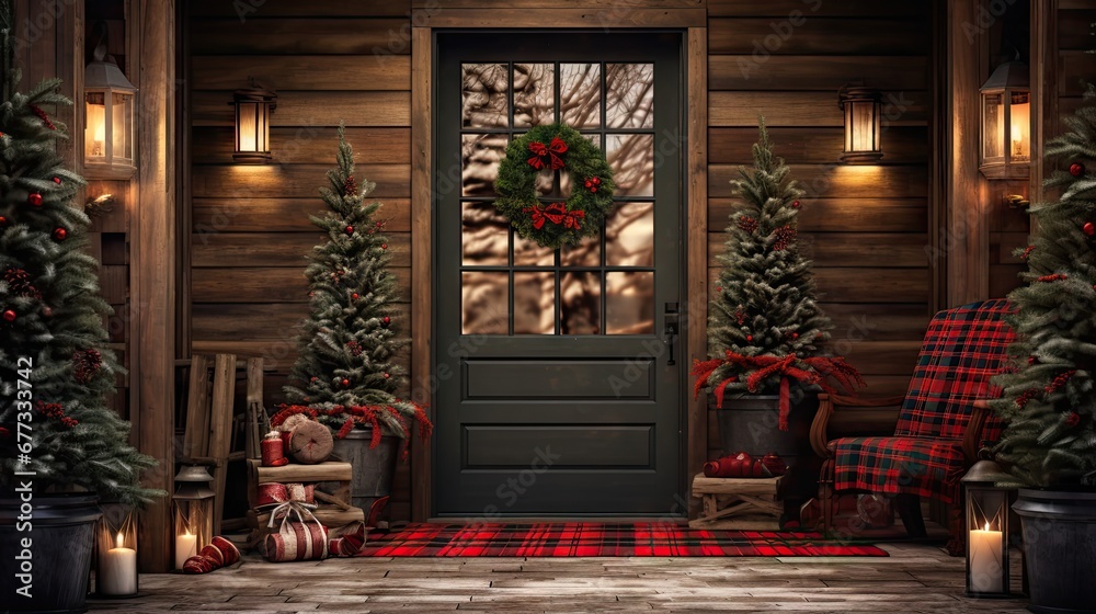  a christmas porch decorated for the holidays with a wreath and wreath on the front door and christmas decorations on the side of the porch.