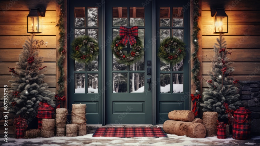  a front door decorated for christmas with wreaths and wrapped presents in front of a green door with a checkered tablecloth.
