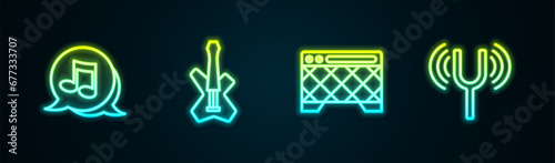 Set line Music note, tone, Electric bass guitar, Guitar amplifier and Musical tuning fork. Glowing neon icon. Vector