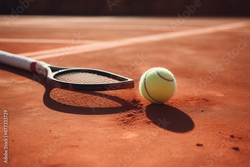 A tennis racket and ball positioned as if in mid-game, on a clay court © Dan