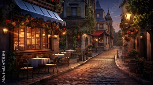  a painting of a cobblestone street at night with tables and chairs on either side of the street and a restaurant on the other side of the street.