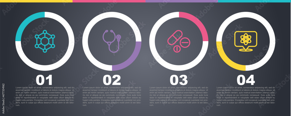 Set line Molecule, Stethoscope, Medicine pill or tablet and Atom. Business infographic template. Vector Set line Molecule, Stethoscope, Medicine pill or tablet and Atom. Business infographic template. Vector