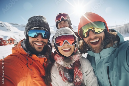 A group of happy smiling friends with ski googles looked at camera in the Ski resort. Beautiful winter sunny day