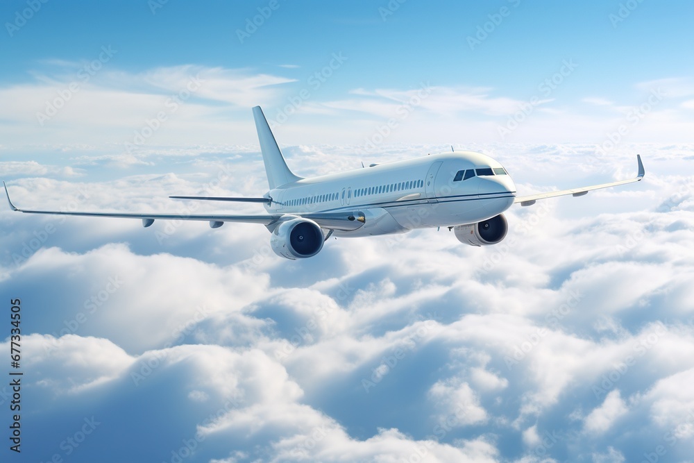 Obraz premium Aerial view of a commercial airplane flying above clouds