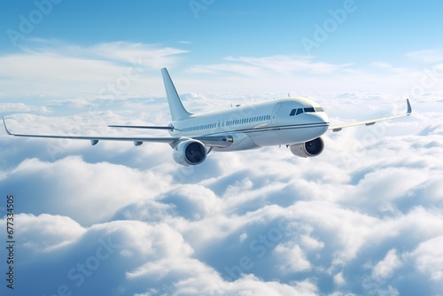 Aerial view of a commercial airplane flying above clouds