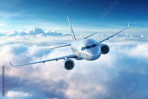 Aerial view of a commercial airplane flying above clouds