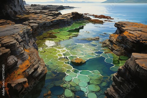 Aerial view of a craggy coastline with emerald tide pools reflecting the evening sky