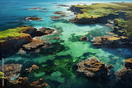 Aerial view of a craggy coastline with emerald tide pools reflecting the evening sky